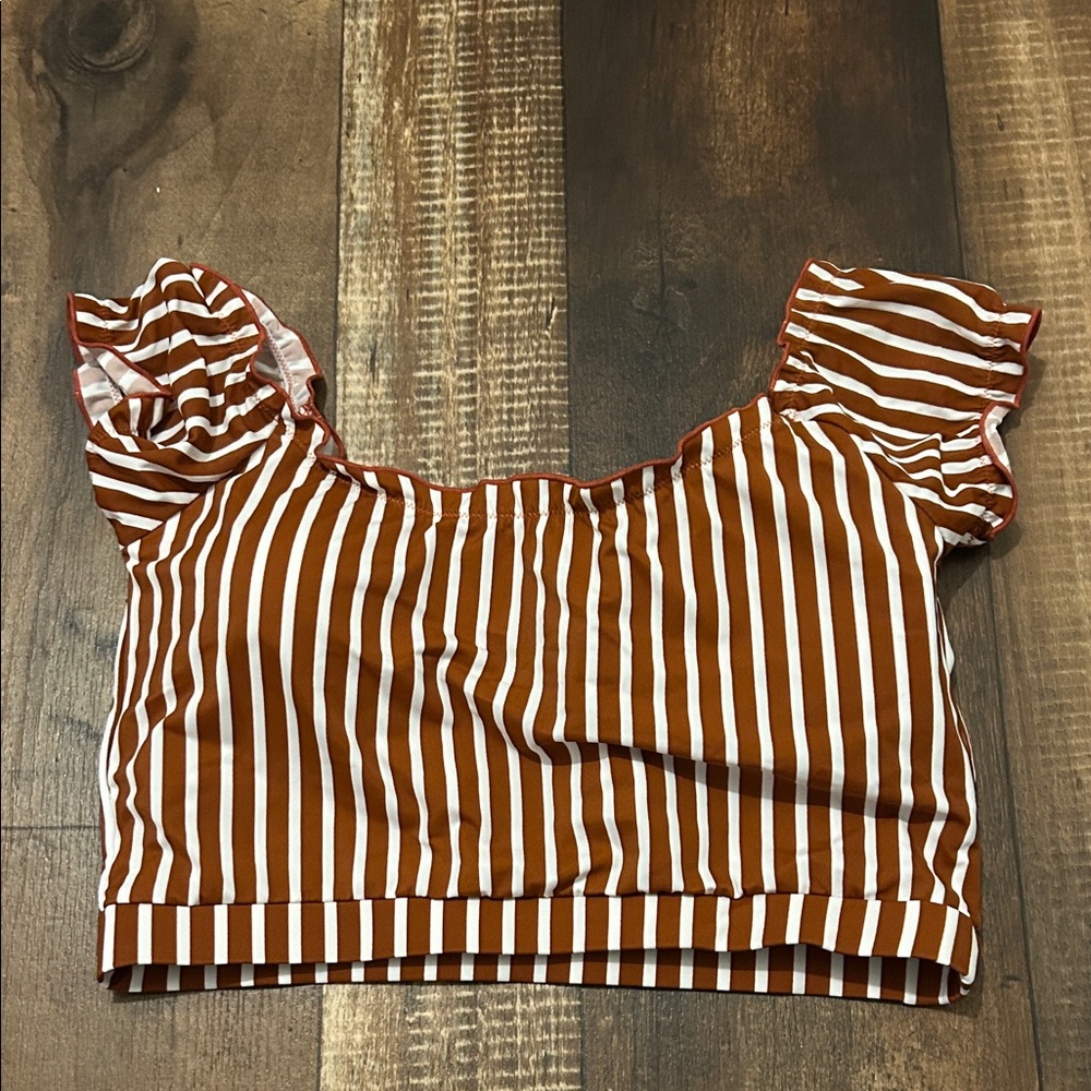 Striped burnt orange/Brown and White Women's swim top